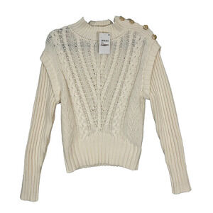 Zoe & Claire Sweater Small Cream Cable Knit Mock Neck Side Shoulder Buttons NWT